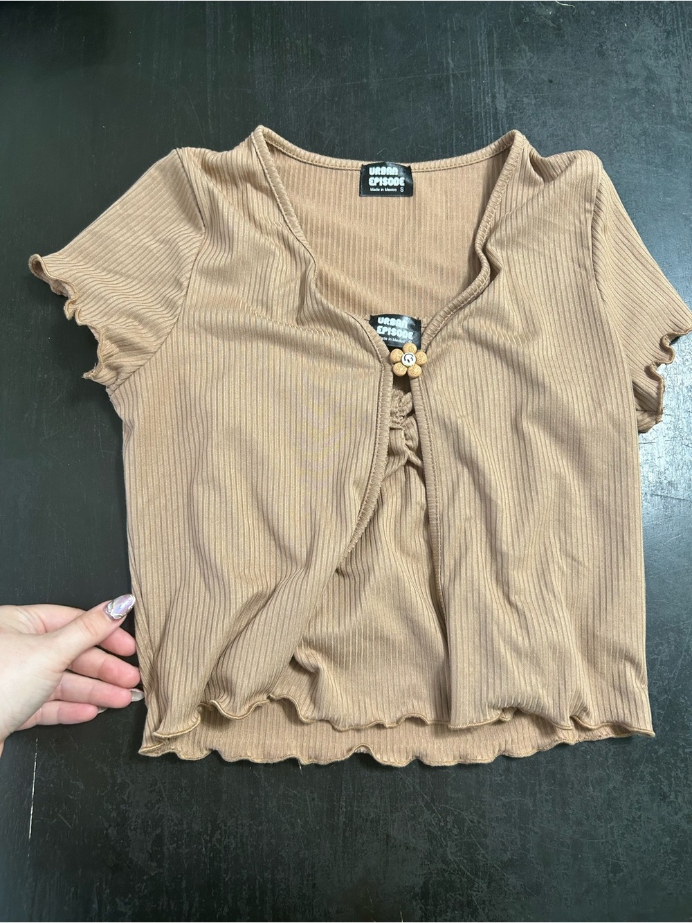 Women's Brown Ribbed Short Sleeve Cardigan Top